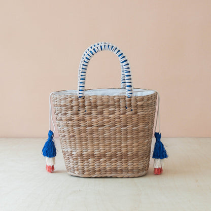 Handbags - Mini Woven Tote Bag with Embroidered Bonjour – Handwoven Beach Tote | LIKHÂ - LIKHÂ