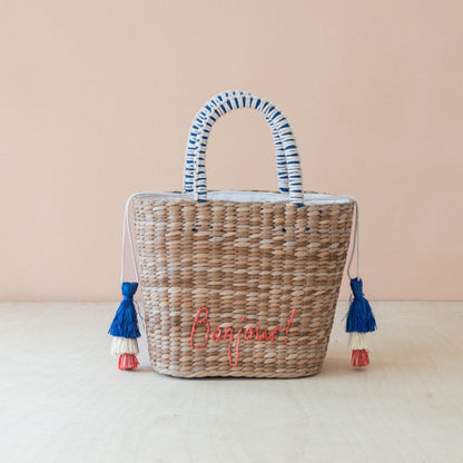 Handbags - Mini Woven Tote Bag with Embroidered Bonjour – Handwoven Beach Tote | LIKHÂ - LIKHÂ