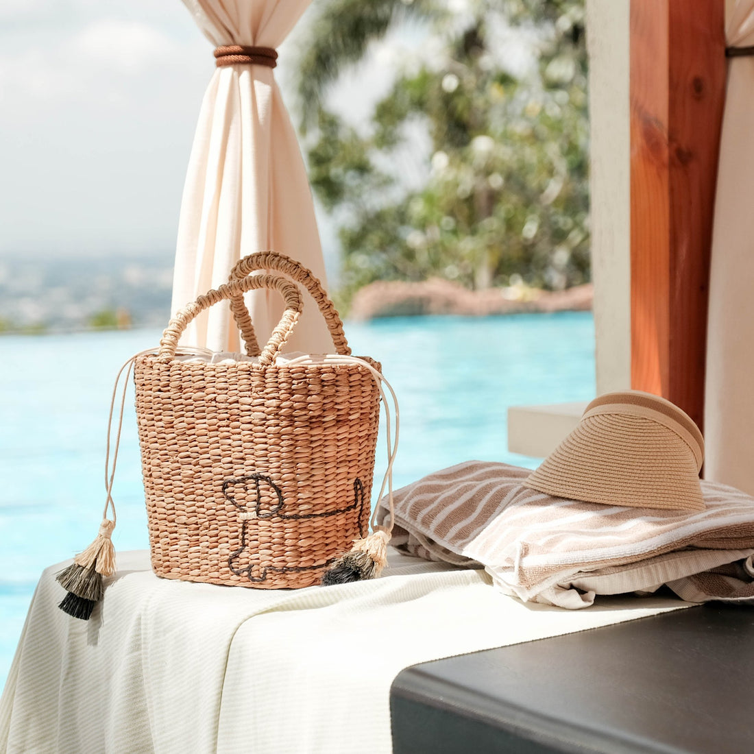 Handbags - Mini Woven Tote Bag with Embroidered Dachshund - Straw Tote | LIKHA - LIKHÂ