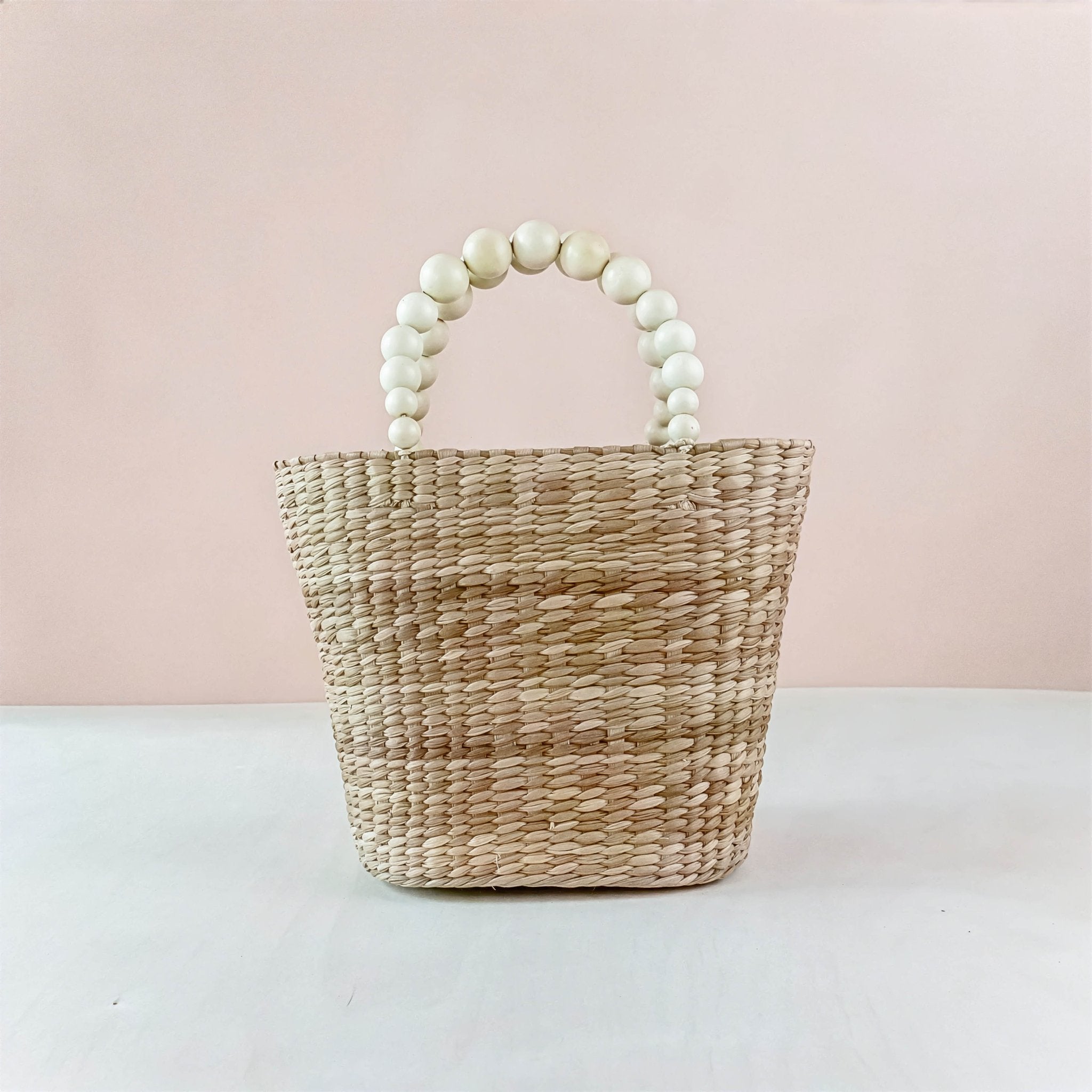 Handbags - Natural Small Market Tote Bag with Wood Bead Handles - Modern Woven Tote | LIKHÂ - LIKHÂ