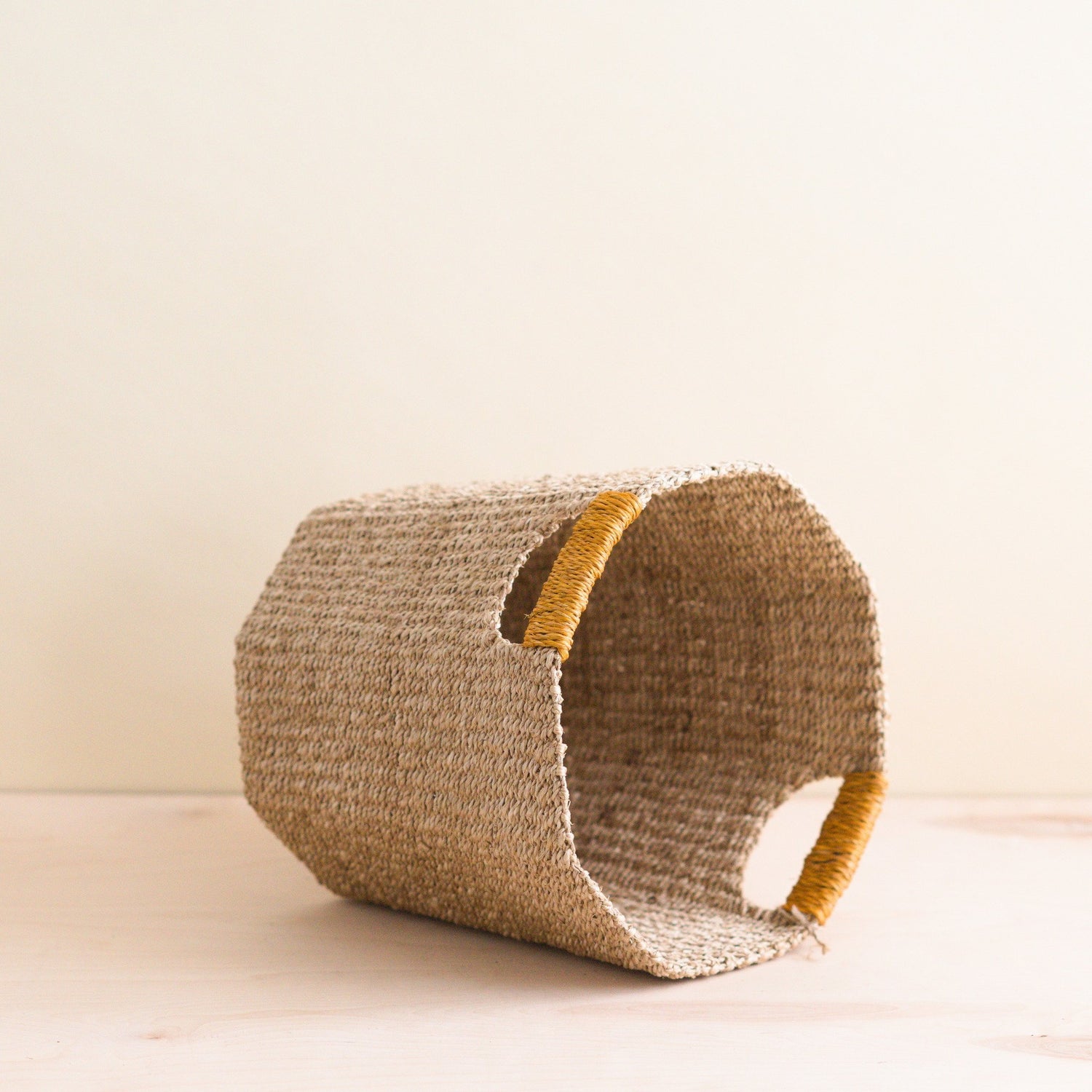 Baskets - Natural Octagon Basket with Mustard Handle - Handwoven Bin | LIKHÂ - LIKHÂ