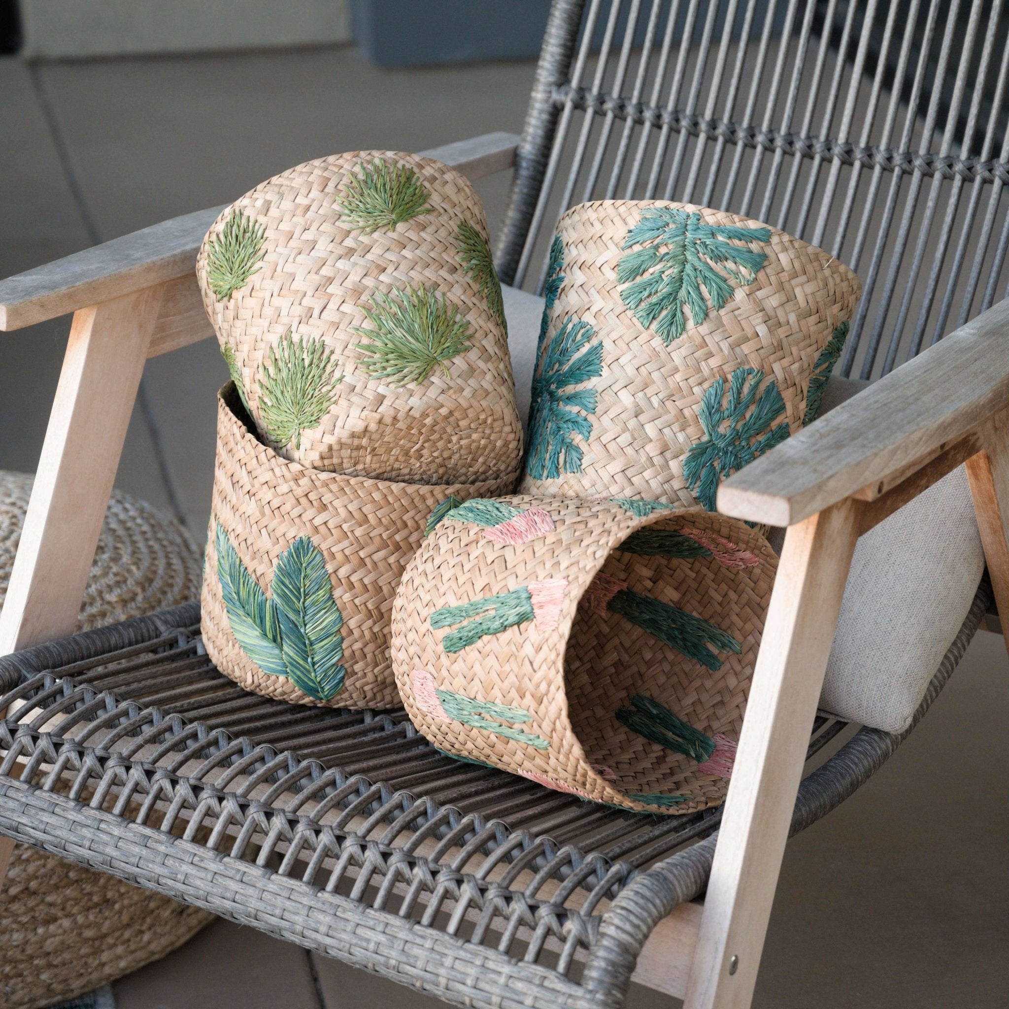 Baskets - Palm Embroidered Soft Seagrass Basket - Embroidered Baskets | LIKHÂ - LIKHÂ