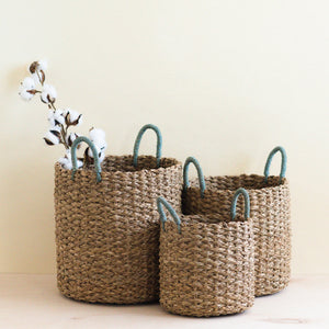 Baskets - Seagrass Woven Baskets with Sky Blue Handle Set of 3 - Straw Baskets | LIKHÂ - LIKHÂ