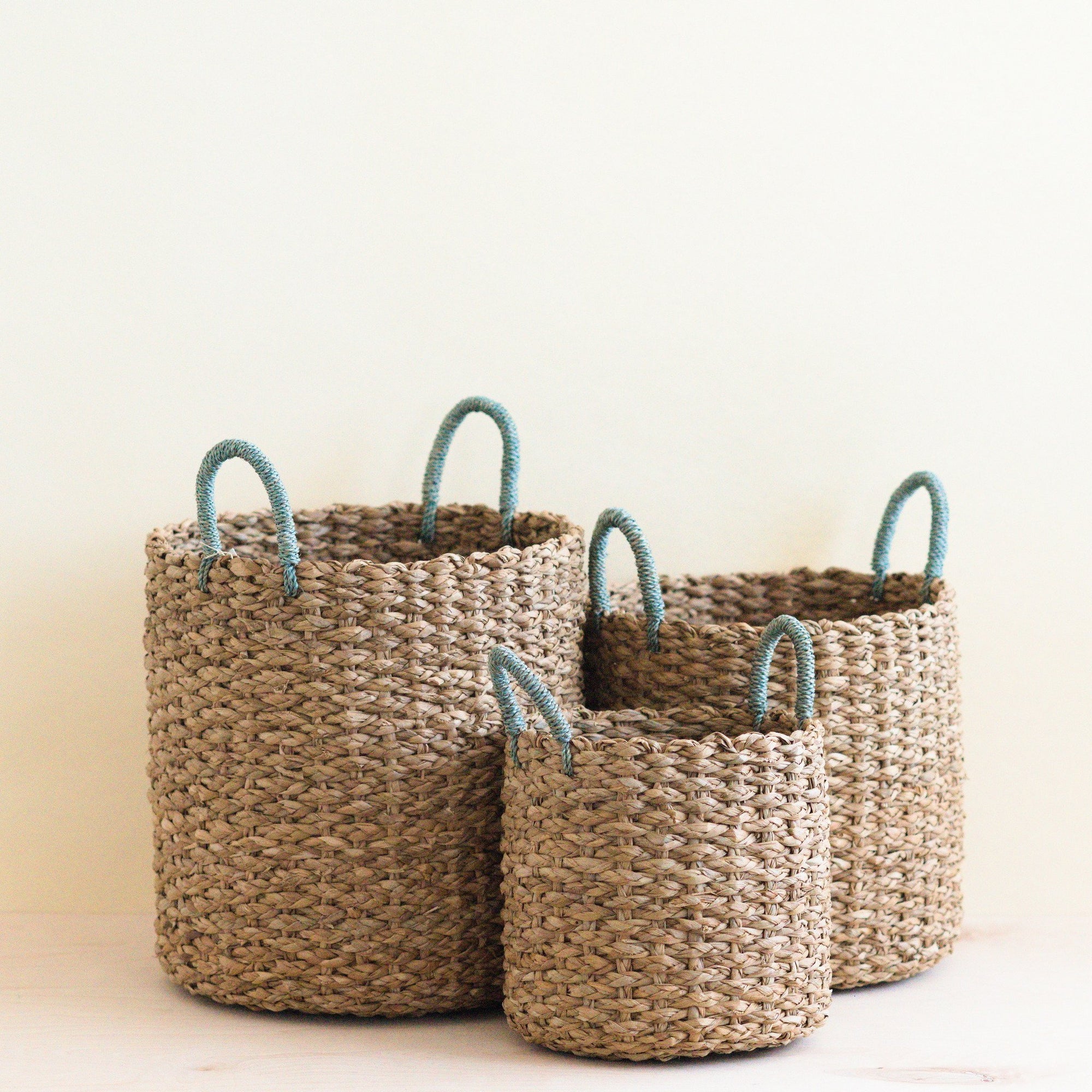 Baskets - Seagrass Woven Baskets with Sky Blue Handle Set of 3 - Straw Baskets | LIKHÂ - LIKHÂ