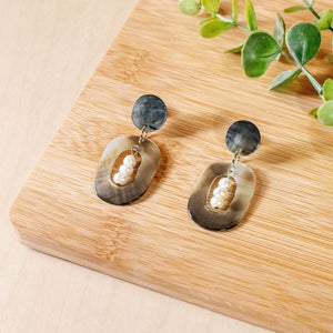 Earrings, Jewelry - Black Mother of Pearl Dangle Earrings - Oval with Inner Pearl | LIKHÂ - LIKHÂ