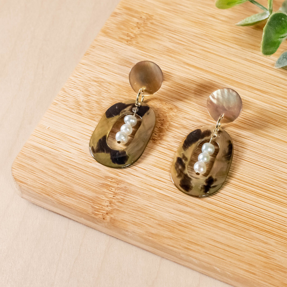 Earrings, Jewelry - Mother of Pearl Oval Dangle Earrings - Brown Tiger | LIKHÂ - LIKHÂ