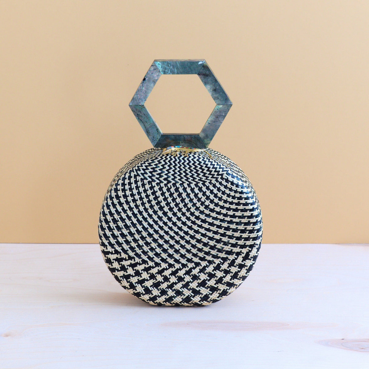 Handbags - Black Round Handwoven Handbag with Mother of Pearl Handle | LIKHÂ - LIKHÂ
