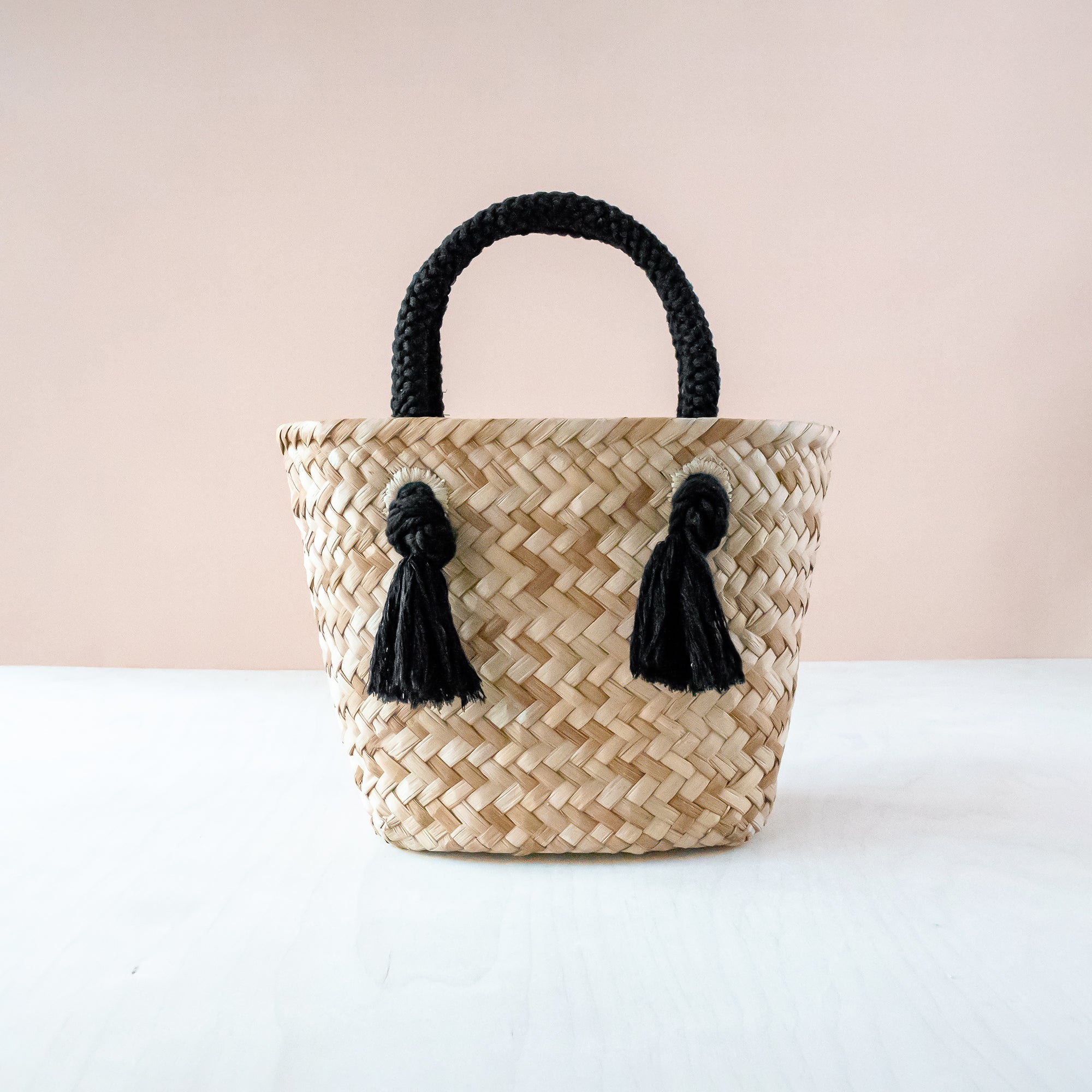 Black Small Modern Straw Tote with Cord Handles - Classic Tote Bags | Likha