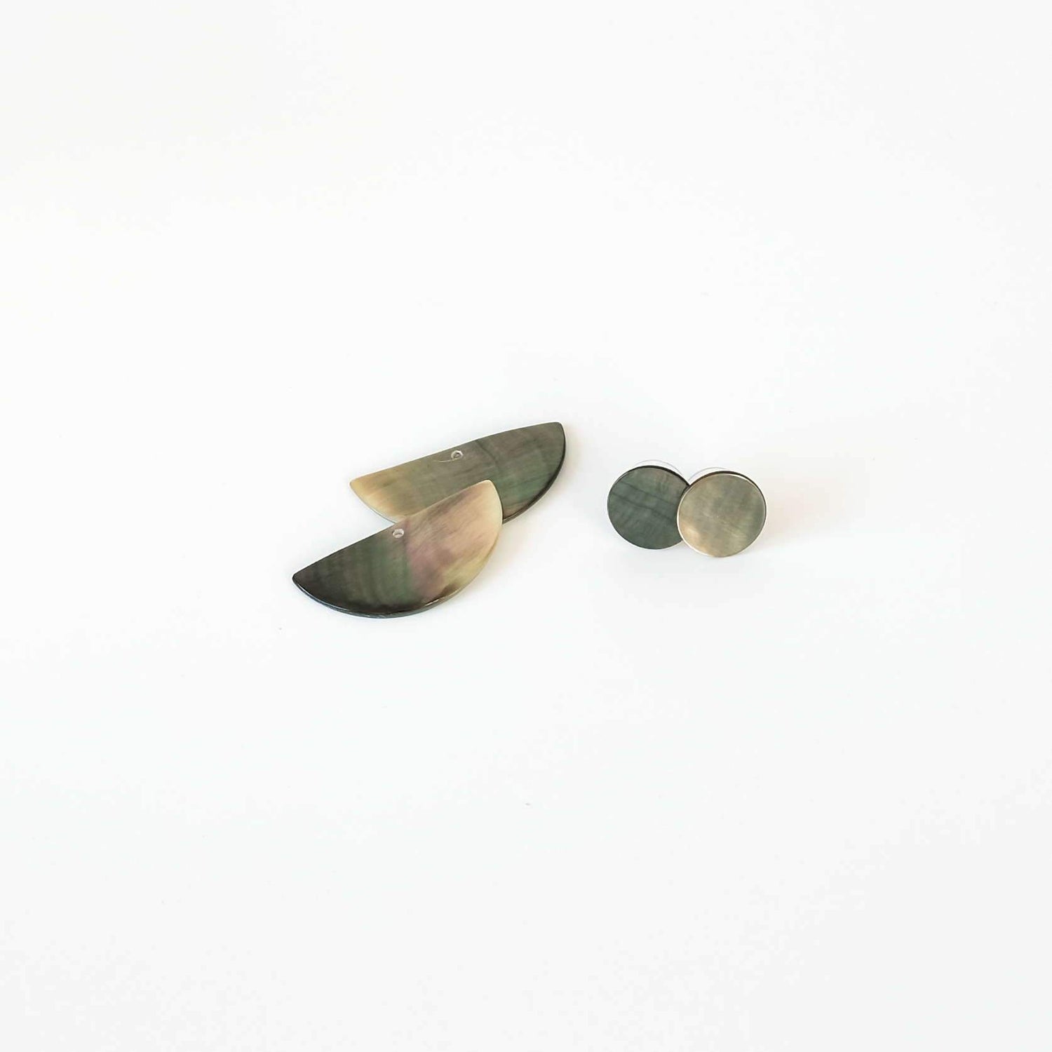 Jewelry - 3-in-1 Iridescent Grey Circle and Halfmoon Geometric Studs - Mother of Pearl Earrings | LIKHÂ - LIKHÂ