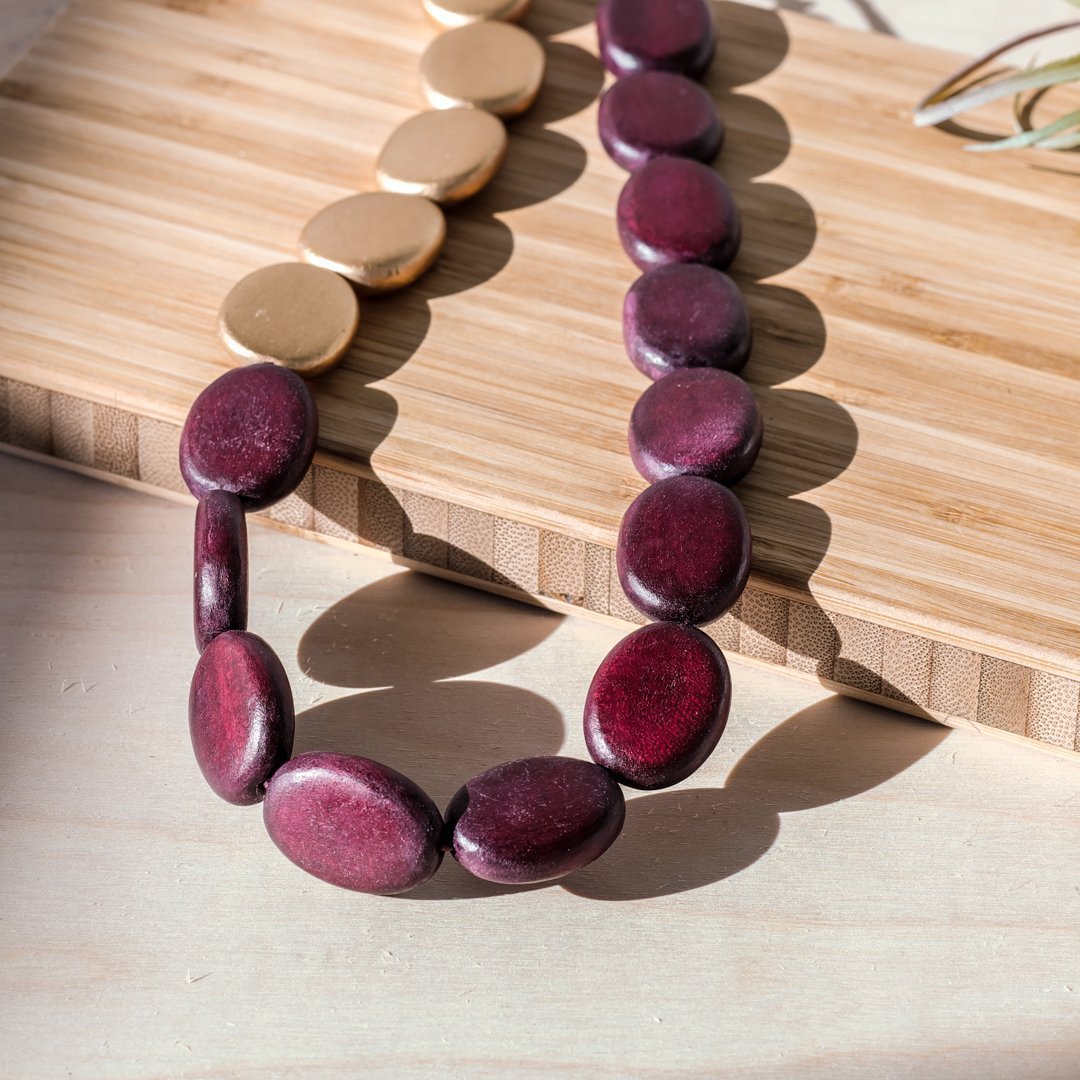 Jewelry - Burgundy and Gold Necklace - Wooden Necklaces | LIKHÂ - LIKHÂ