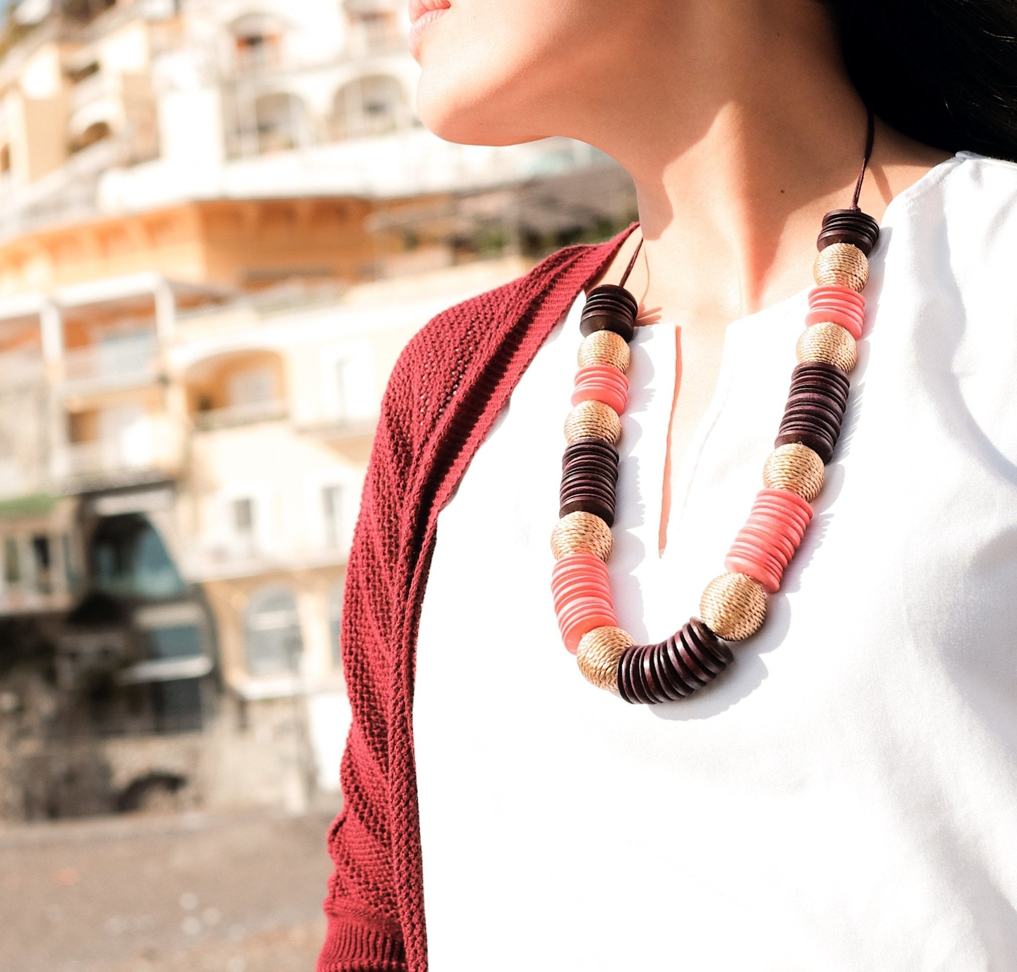 Jewelry - Paparazzi Wooden Necklace - Coral and Burgundy | LIKHÂ - LIKHÂ