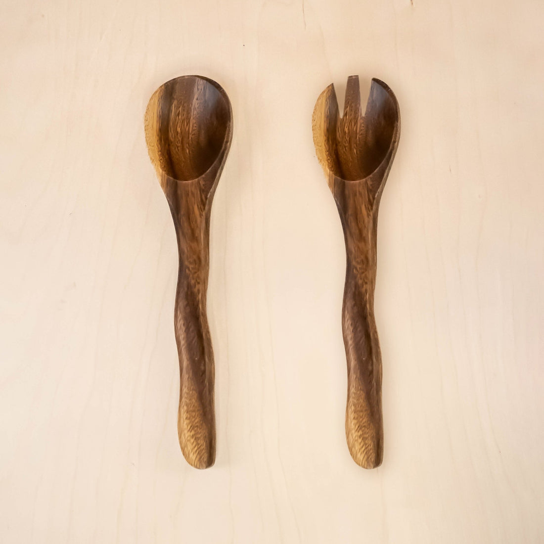 Utensils - Acacia Wood Utensils - Spoon &amp; Fork with Wriggly Handle, set of 2 | LIKHÂ - LIKHÂ