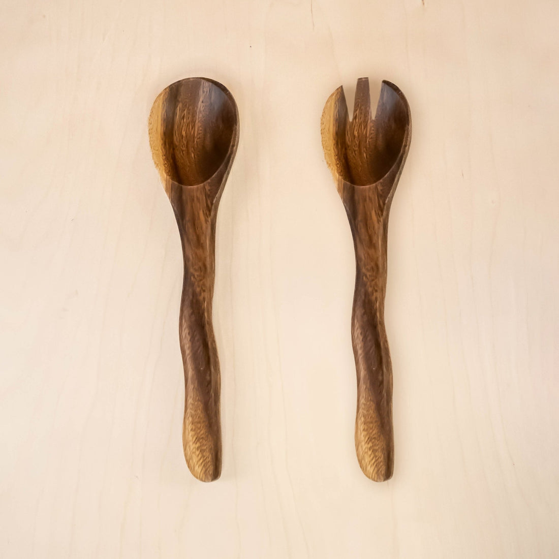 Utensils - Acacia Wood Utensils - Spoon & Fork with Wriggly Handle, set of 2 | LIKHÂ - LIKHÂ