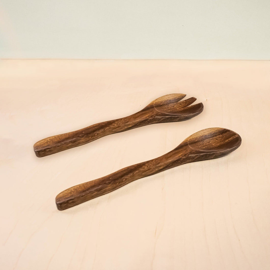 Utensils - Acacia Wood Utensils - Spoon &amp; Fork with Wriggly Handle, set of 2 | LIKHÂ - LIKHÂ