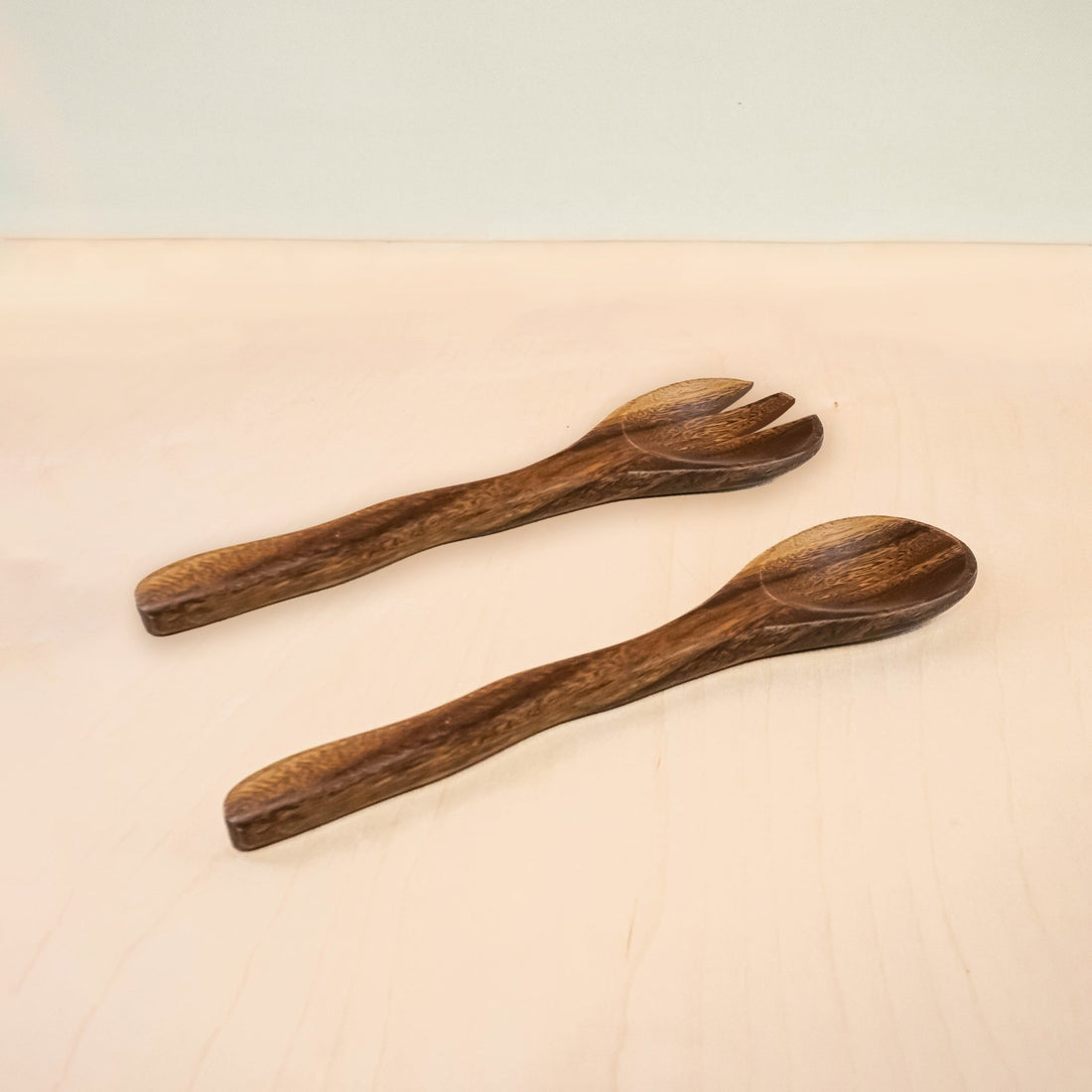 Utensils - Acacia Wood Utensils - Spoon & Fork with Wriggly Handle, set of 2 | LIKHÂ - LIKHÂ